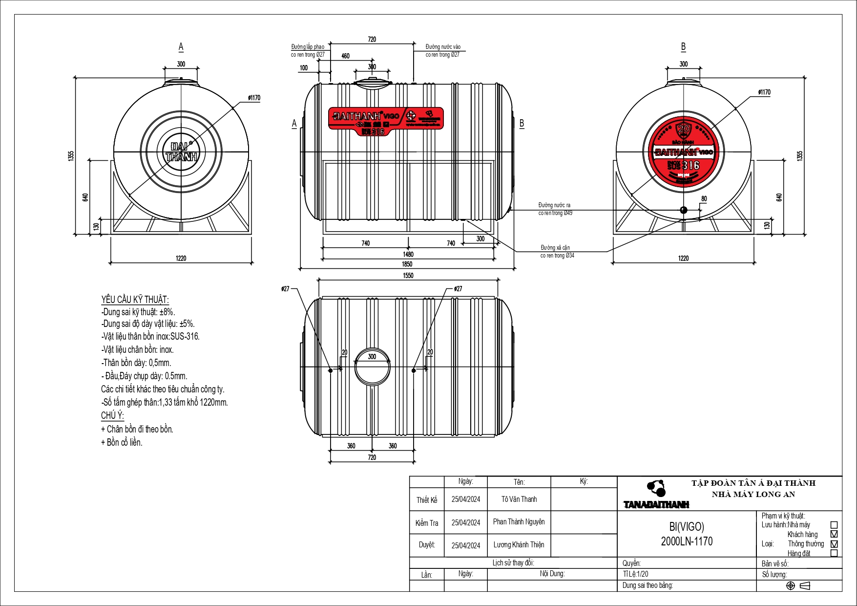 bồn nước inox 2000 Lít SUS 316 Đại Thành nằm ngang